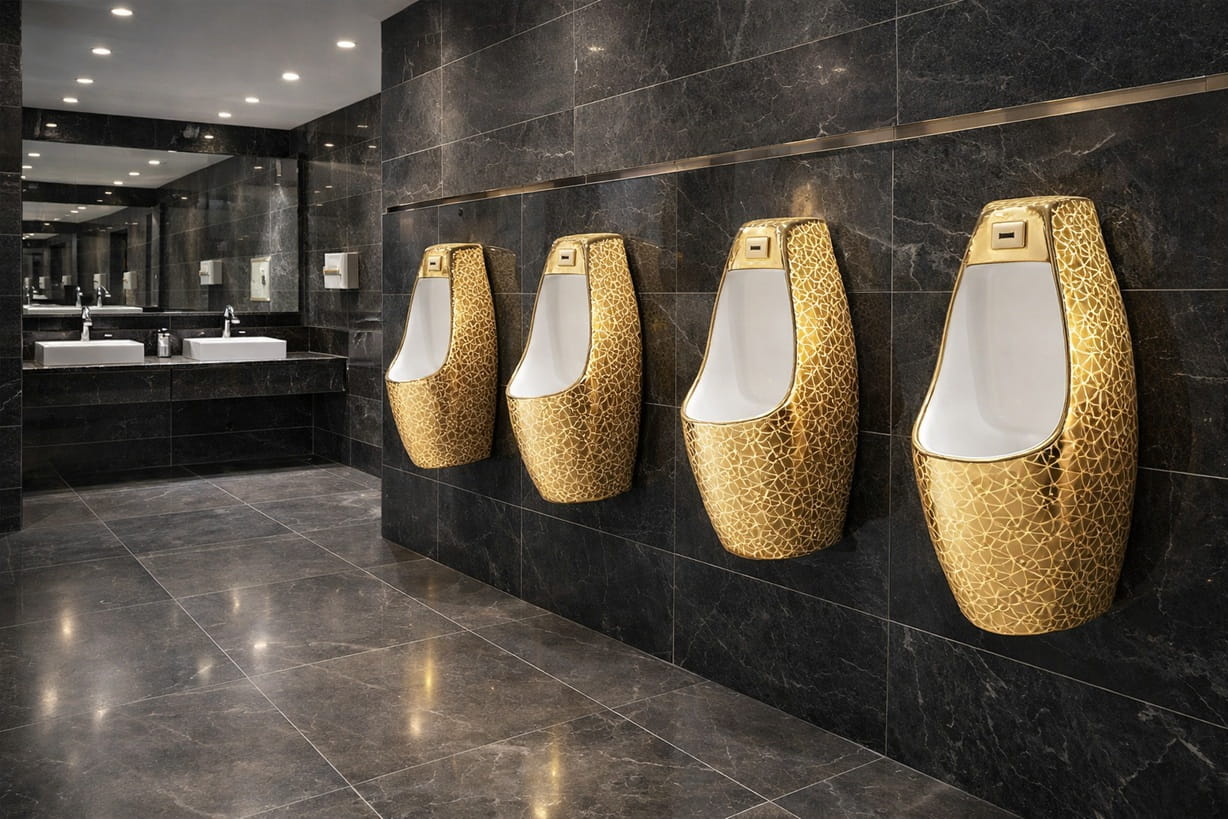 Luxury men's restroom with gold wall-mounted urinals on dark marble tile wall and modern sinks